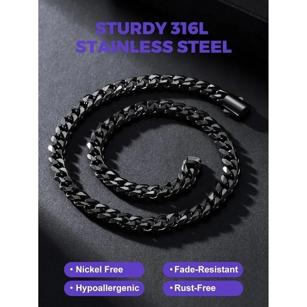 Men's 9MM Width-Black Stainless Steel Miami Cuban Curb Link Chain Necklace